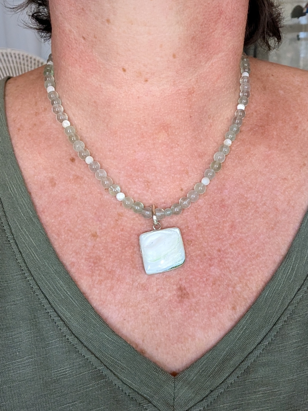 Beaded Labradorite Necklace with Mother-of-Pearl Pendant